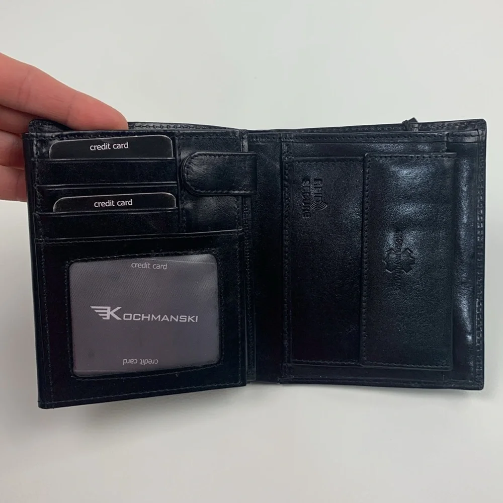 Kochmanski Black Leather Mens Trifold Wallet RFID secure ID Pockets New NWT